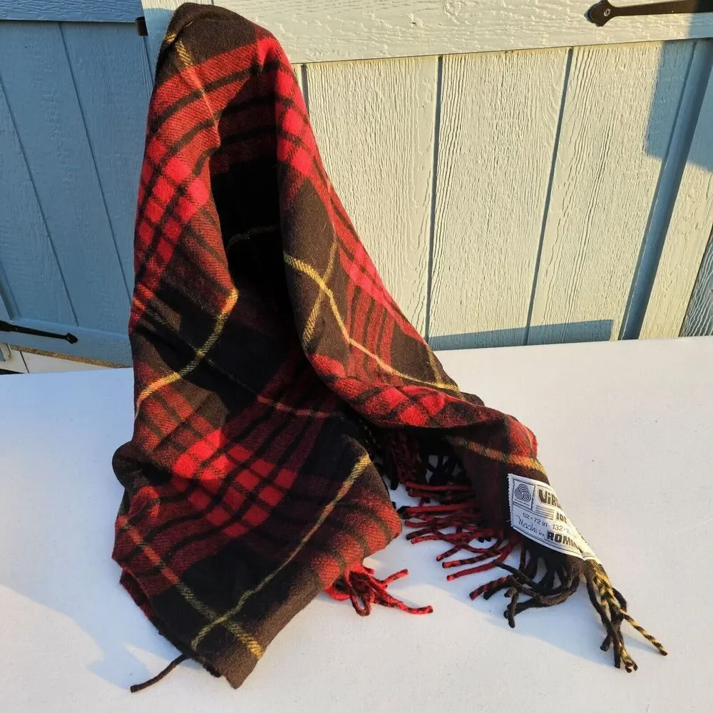 Made In Romania 100% Virgin Wool Throw Blanket Red Black Yellow Tartan Plaid EUC